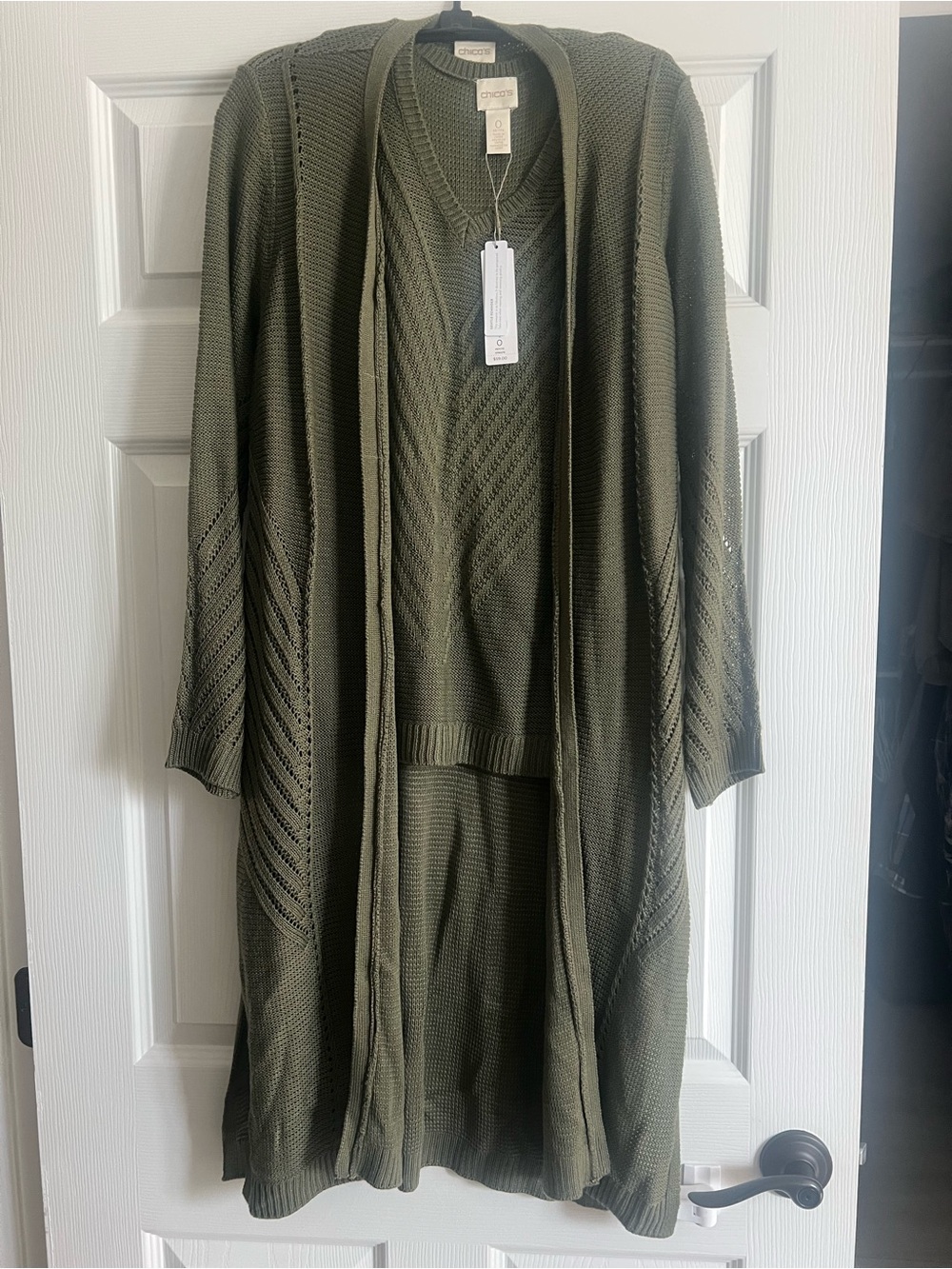 Chico's Olive Open-Front Long Knit Cardigan